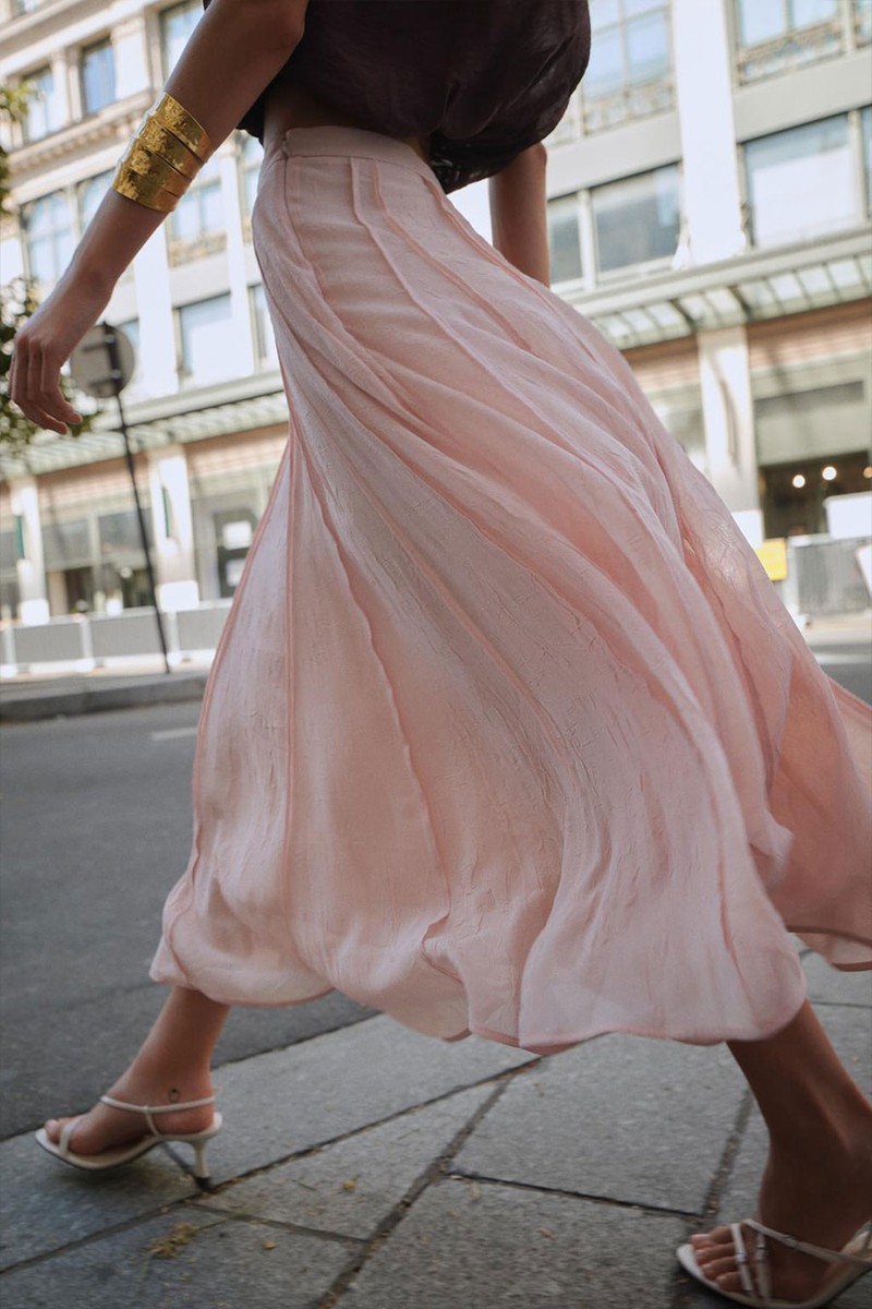 Semi-Sheer Topstitched Midi Skirt