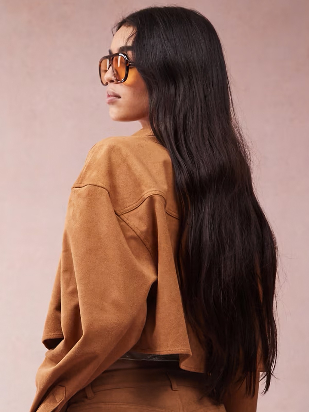 Monki co-ord faux suede cropped shirt with western detail in tan