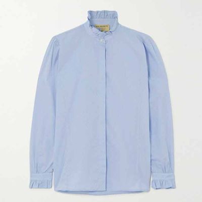 Pie Crust Ruffled Embroidered Cotton-Chambray Shirt from Purdey