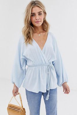 Long Sleeve Textured Wrap Top With Rope Tie