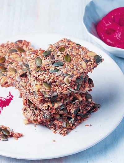 Chia Seed Crackers With Beetroot & Garlic Dip