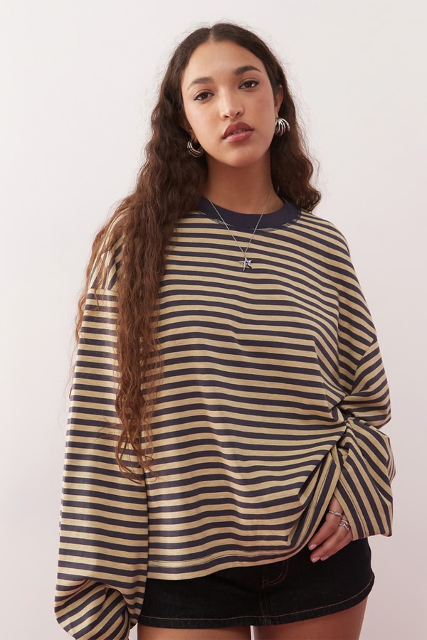 Cotton Blend Long Sleeve Crew Neck Boxy T-Shirt from Lioness Bloom