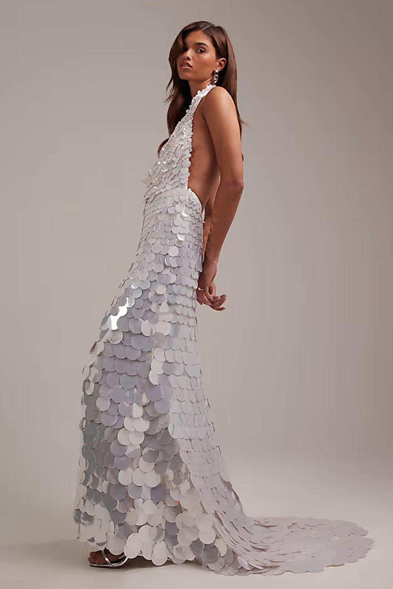 Sequin Plunge Neck Halter Maxi Wedding Dress from Asos Design