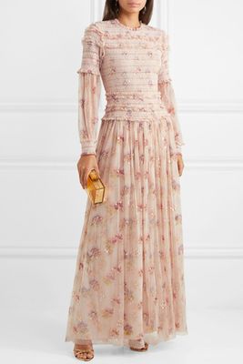 Sequined Shirred Floral-Print Tulle Gown from Needle & Thread