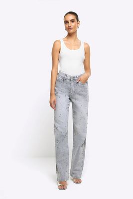 Grey Embellished Relaxed Straight Jeans from River Island
