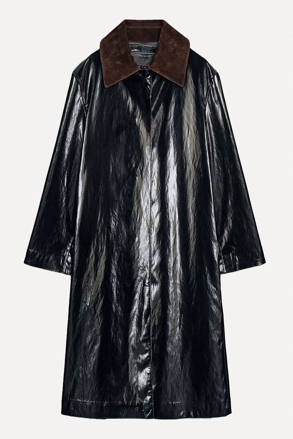 Shiny Trench Coat With Contrast Collar