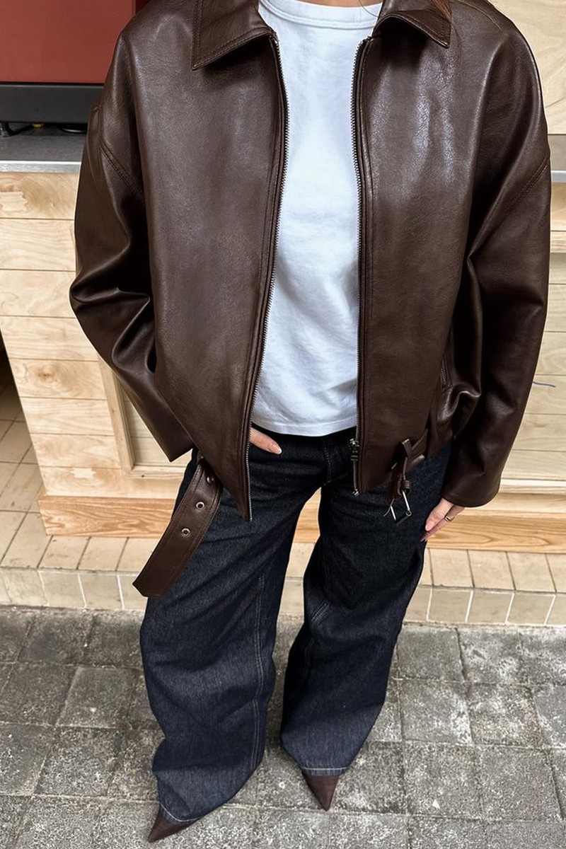 Leather Bomber Jacket With Belt from  Bershka