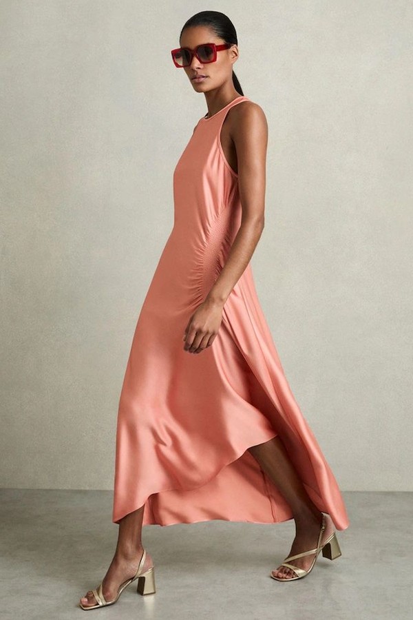 Anessa Satin Shirred Midi Dress
