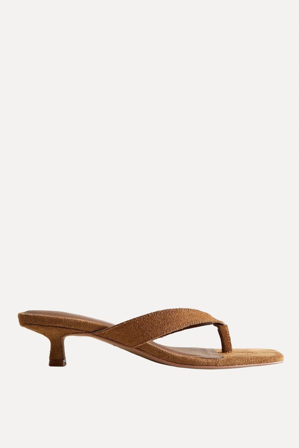 Premium Real Suede Tan Toe Post Kitten Heel Mules