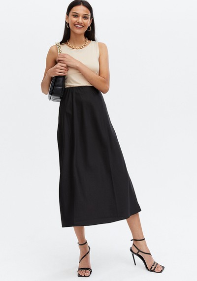 Black Satin Bias Cut Midi Skirt