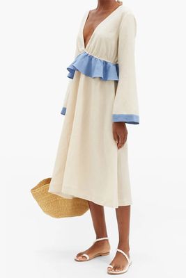 Eva Contrast-Ruffle Organic-Linen Midi Dress from Casa Raki