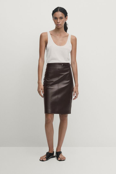 Nappa Leather Midi Skirt With Belt from Massimo Dutti