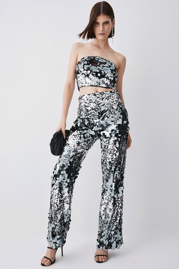 Disc Sequin Skinny Flared Woven Trousers