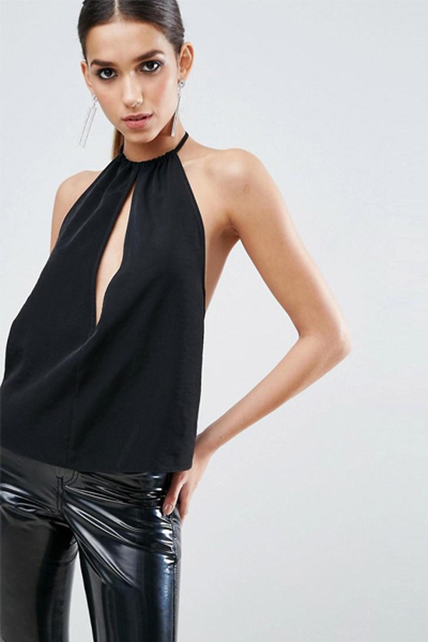 Black Tie Neck Halter Top with Deep Plunge from ASOS