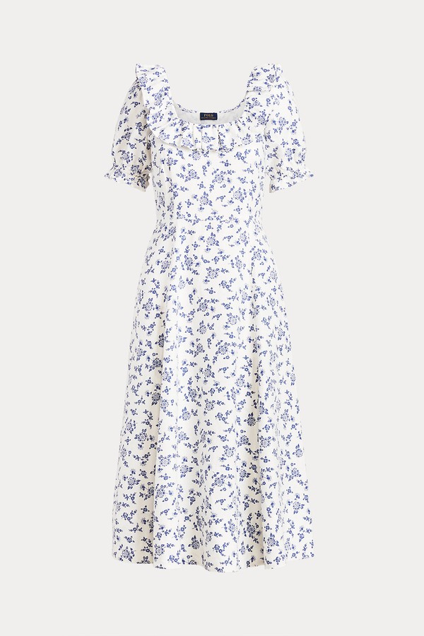 Floral Ruffle-Trim Linen Dress