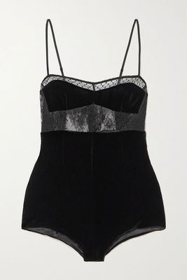 Ophelia Lace And Tulle-Trimmed Velvet Bodysuit from Sleeping With Jacques