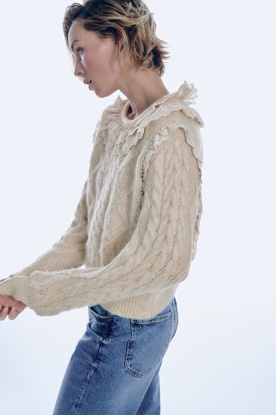 Knit Sweater With Pearl Beads And Ruffles from Zara