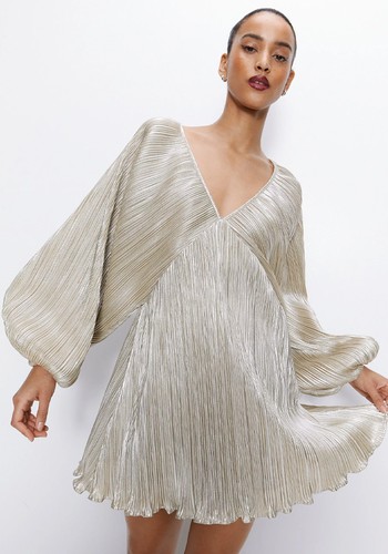 Metallic Pleated Balloon Sleeve Mini Dress, £66.75 (was £89)