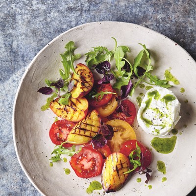 Tomato & Chargrilled Peach Salad With Buffalo Mozzarella & Basil-Oil Dressing