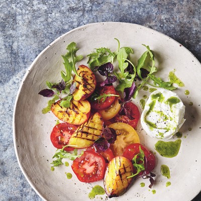 Tomato & Chargrilled Peach Salad With Buffalo Mozzarella & Basil-Oil Dressing 