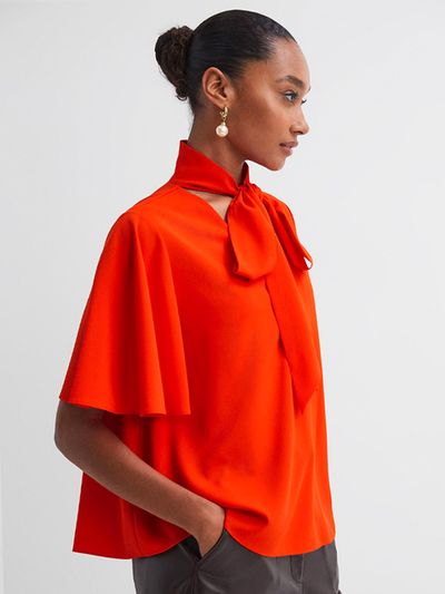 Florere Orange Tie Neck Blouse