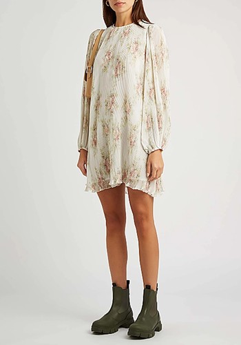 Floral-Print Plisse Georgette Mini Dress from Ganni