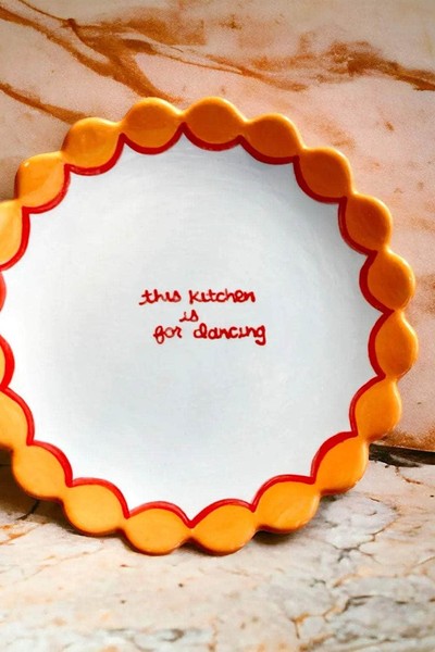 "This Kitchen Is For Dancing" Scalloped Dessert Plate from Caitlin Rounds Antiques