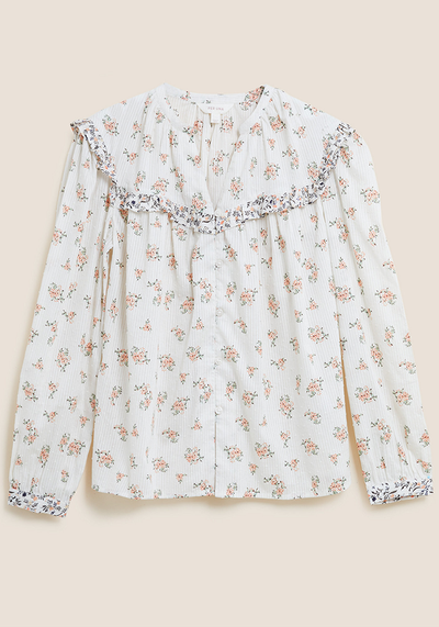 Pure Cotton Floral V-Neck Ruffle Blouse from Per Una 