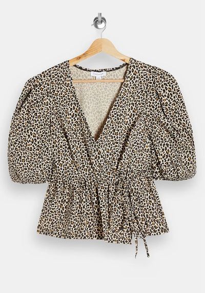 Animal Print Puff Sleeve Wrap Blouse