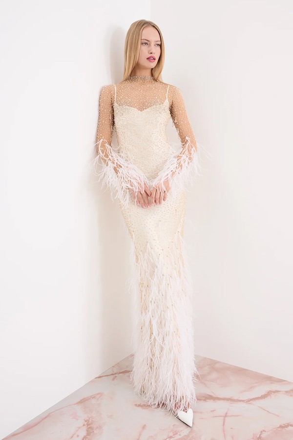 Mia Embellished Feather-Trimmed Tulle Gown from Clio Peppiatt