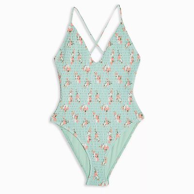 Sage Shirred Floral Plunge Swimsuit from Topshop