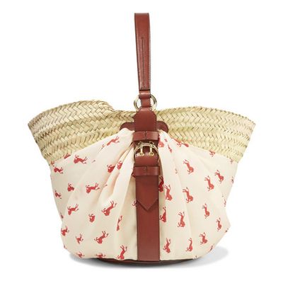 Panier Leather-Trimmed Printed Twill & Woven Raffia Tote from Chloé