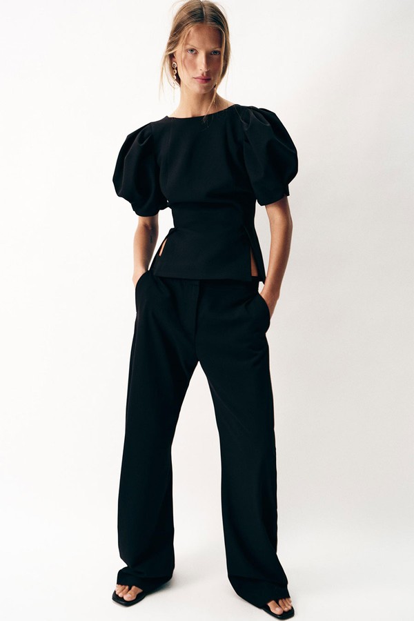 Puff Sleeve Top With Faux Pearl Bows