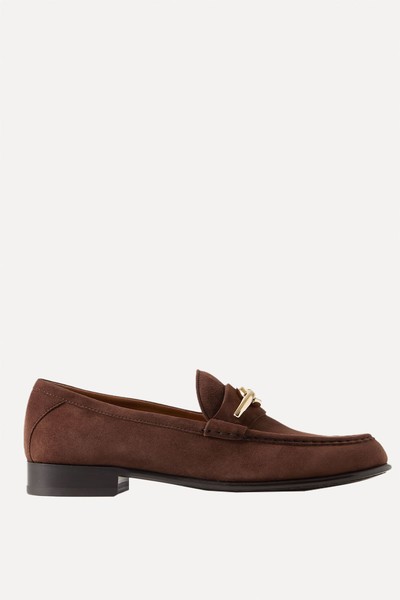 Vlogo Gate Embellished Suede Loafers from Valentino Garavani