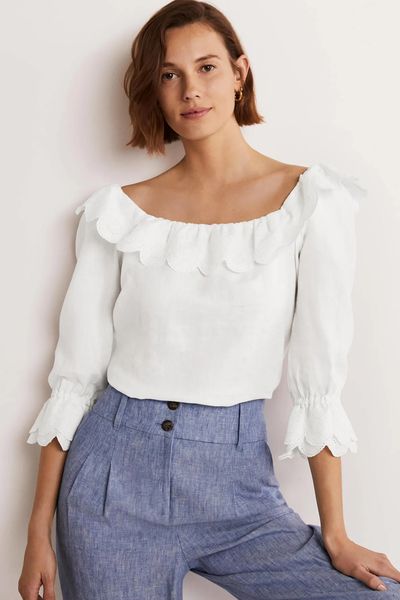 Square Neck Frill Linen Blouse from Boden