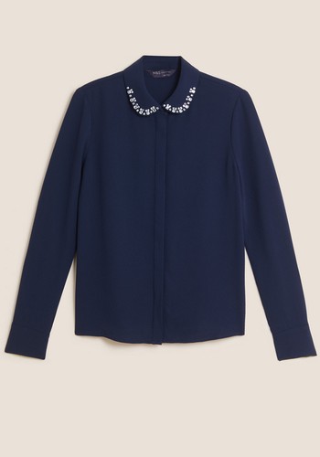 Embellished Collared Long Sleeve Blouse