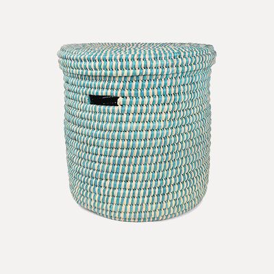 Nukta Turquoise Check Lidded Laundry Basket from The Basket Room