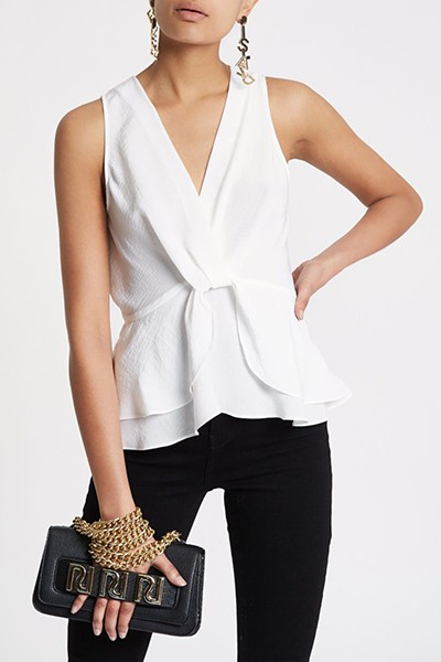 White Twist Front Frill Hem Top