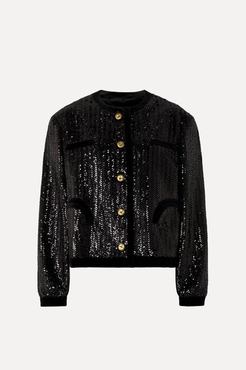 All About You Gliss Velvet-Trimmed Sequined Woven Jacket from BLAZÉ MILANO