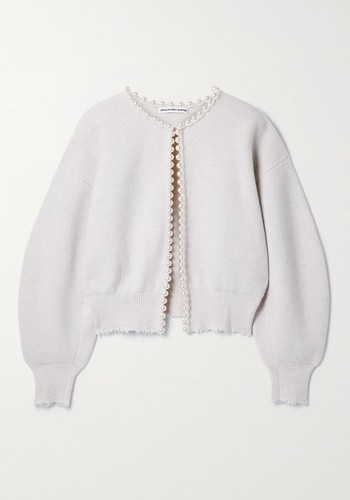 Faux Pearl-Embellished Distressed Wool-Blend Cardigan from Alexander Wang