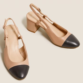 Leather Block Heel Slingback Shoes