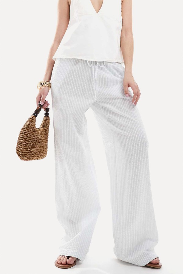 Wide Leg Drawstring Seersucker Trousers from Monki 