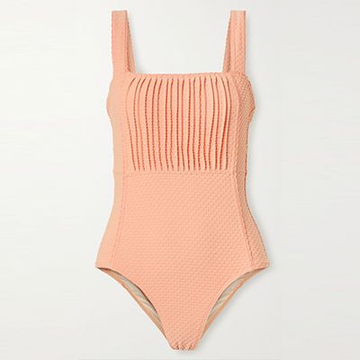 Pintucked Swiss-Dot Stretch Swimsuit from Peony