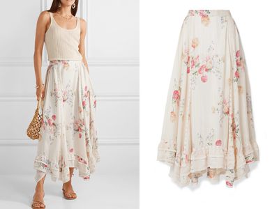 Navya Asymmetric Lace-Trimmed Floral-Print Washed-Silk Skirt from LoveShackFancy