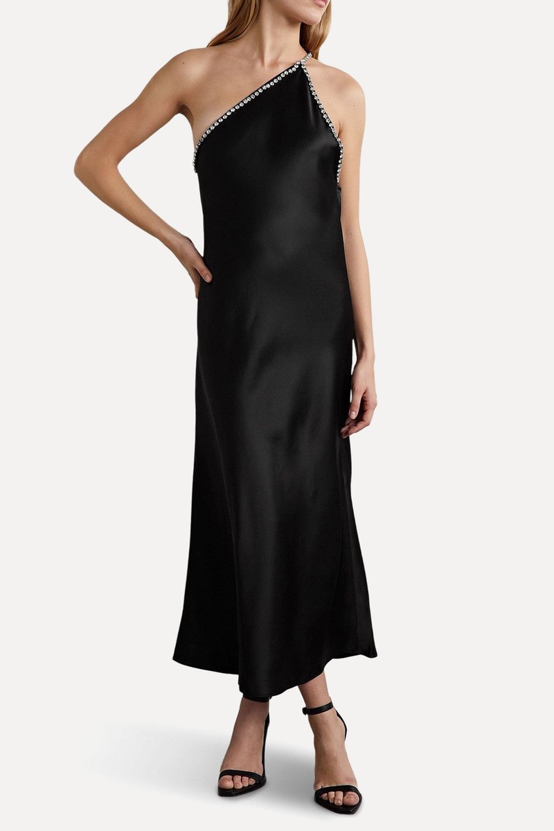 Diana One Shoulder Crystal Embellished Satin Maxi Dress from Dodo Bar Or 