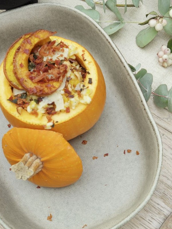 Roast Pumpkin, Smoked Pancetta and Crispy Sage Risotto with Hazelnuts