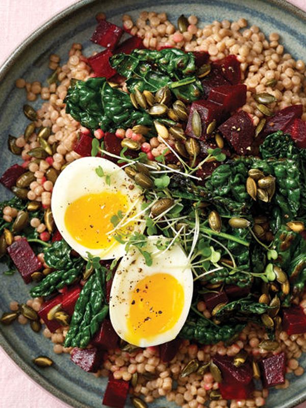 Giant Cous-Cous Salad With Soft Boiled Eggs, Beetroots & Greens