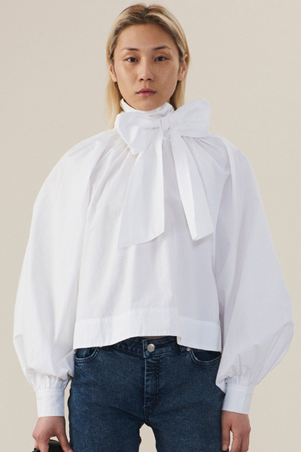 Pussy-Bow Balloon-Sleeve Cotton Blouse from Ganni