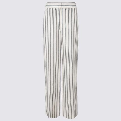 Pure Linen Striped Wide Leg Flared Trousers 
