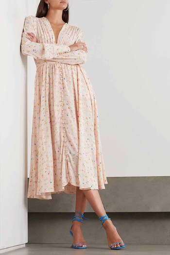 Tracy Ruched Floral-Print Jacquard Midi Dress, £274.57| Rotate Birger Christensen